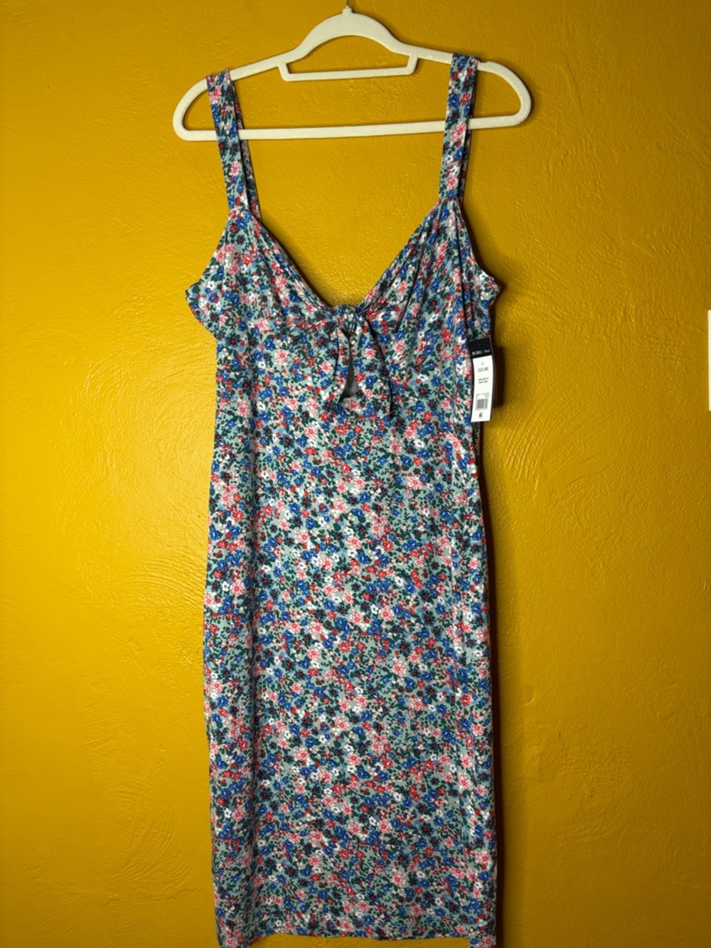 BCBG Paris Blue Floral Midi Dress with Pink Accents